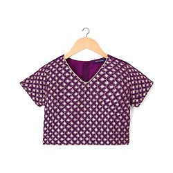 Pine Kids Woven Half Sleeves Lehenga Choli Set With Floral Embroidery & Dupatta - Wine