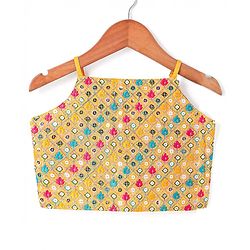 Pine Kids Woven Sleeveless Choli Lehenga & Dupatta Set With Floral Print & Sequin Embroidery - Yellow