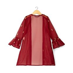 Pine Kids Woven Full Sleeves Indo Western Set With Floral Foil Print - Maroon