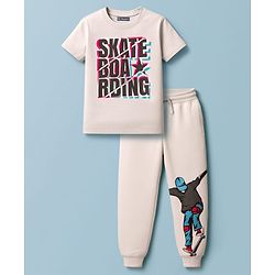 Pine Kids Cotton Knit Half Sleeves T-Shirt & Joggers Set With Skateboarding Print - Beige