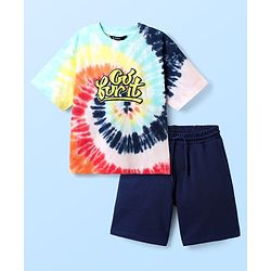 Pine Kids Single Jersey Knit Half Sleeves T-Shirt & Shorts Set with Text Print - Navy Blue