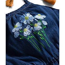 Pine Kids Cotton Woven Sleeveless Frock With Floral Embriodery - Navy Blue