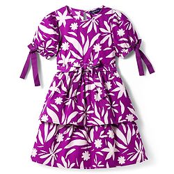 Pine Kids Woven Half Sleeves Floral Printed Layered Frock - Purple