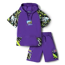 Pine Kids Looper Knit Half Raglan Sleeves Printed Hooded T-Shirt & Shorts Set - Purple