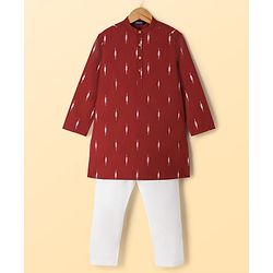 Pine Kids Cotton Woven Full Sleeves Kurta Pyjama Set With Floral Print - Maroon