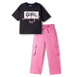 Pine Kids Cotton Knit Drop Shoulder Half Sleeves T-Shirt & Lounge Pant set with Text Foil Print - Black & Pink
