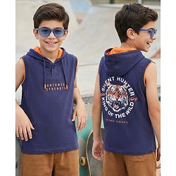 Pine Kids 100% Cotton Knit Half Sleeves Tiger Printed Hooded T-Shirt - Navy Blue