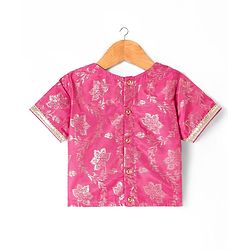 Pine Kids Woven Half Sleeves Choli Lehenga Set with Dupatta Floral Foil Print & Sequin Detailing - Dark Pink