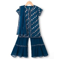 Pine Kids Woven Half Sleeves Kurti Gharara Set with Dupatta & Sequin Detailing - Navy Blue