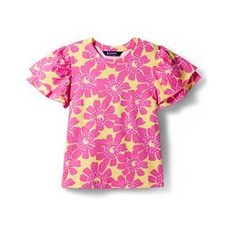 Pine Kids Cotton Knit Half Flutter Sleeves Floral Printed Top - Pink & Yellow