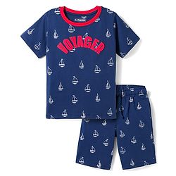Pine Kids 100% Cotton Knit Half Sleeves Nautical Theme Printed Co-Ords T-Shirt & Shorts Night Suit - Navy Blue