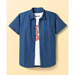 Pine Kids Cotton Woven Half Sleeves Checkered Shirt with Text Printed T-Shirt - Navy Blue