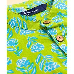 Pine Kids Cotton Woven Full Sleeves Kurta Pyjama Set With Floral Print - Lime Green
