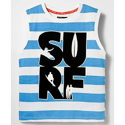 Pine Kids Cotton Knit Sleeveless Striped Tank T-Shirt with Surfing Print - White