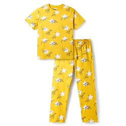 Pine Kids Cotton Knit Half Sleeves T-Shirt & Pyjama Co-ord Night Suit With Dino Print - Yellow