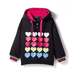 Pine Kids Looper Knit Full Sleeves Hooded Sweatshirt & Pant Winter Wear Suit With Heart Print - Black