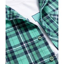 Pine Kids 100% Cotton Woven Full Sleeves Checked Shirt With Text Printed Tank T-Shirt - Green