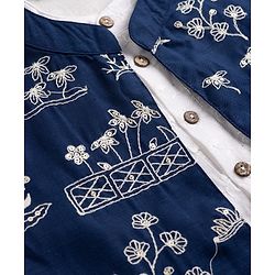Pine Kids Cotton Woven Full Sleeves Kurta Pajama Set with Floral Embroidered Nehru Jacket - White & Navy