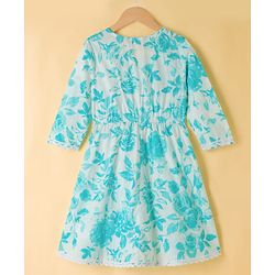 Pine Kids Cotton Woven Three Fourth Sleeves Floral Printed Kurti Churidar Set with Dupatta- Sky