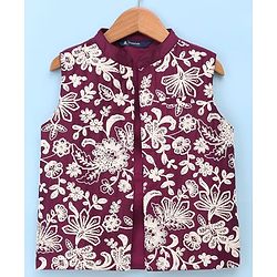 Pine Kids Woven Full Sleeves Kurta Pyjama Set With Floral Embroidered Jacket - Wine