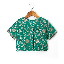 Pine Kids Woven Lehenga Choli and Dupatta Set with Half Sleeves and Floral Print - Dark Green