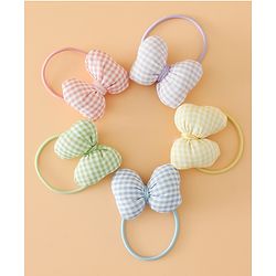 Pine kids Hair Rubber Bands Free Size With Bow Applique With Checks Design Pack Of 5 - Green , Blue & Pink