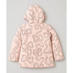 Pine Kids Woven Full Sleeves Hooded Paded Quilted Winter Jacket With Bow Print - Pink