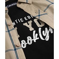 Pine Kids 100% Cotton Woven Shirt with T Shirt Full Sleeves and Authentic Edition New York Brooklyn Print in Beige