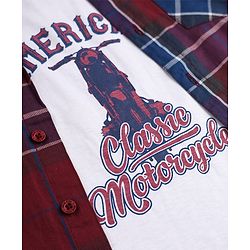 Pine Kids Cotton Woven Half Sleeves Checks Shirt and T Shirt with American Classic Motorcycle Print in Maroon