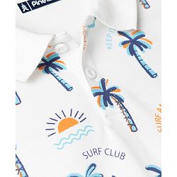 Pine Kids Cotton Knit Half Sleeves Polo T-Shirt With Beach Theme Print - White