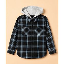 Pine Kids Cotton Woven Hooded Shirt with Full Sleeves and Buffalo Checks Print in Blue