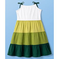Pine Kids 100% Cotton Knit Frock with Sleeveless and Flowers Embroidery in Olive Green