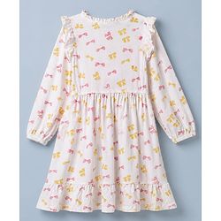 Pine Kids 100% Cotton Knit Full Sleeves Fit & Flare Tiered One Piece Dress with Frill Details & Bow Print - White