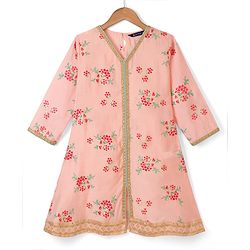 Pine Kids Woven Kurta and Churidar Set with Three Fourth Sleeves and Floral Print in Light Peach