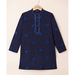 Pine Kids Woven Kurta and Pyjama Set with Full Sleeves and Star Embroidery in Navy Blue