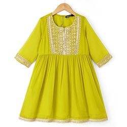 Pine Kids Woven Kurti and Gharara Set with Three Fourth Sleeves and Embroidery in Olive Green