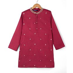 Pine Kids Woven Kurta Pyjama Set with Full Sleeves and Embellishment Embroidery in Red for 4-5 Years