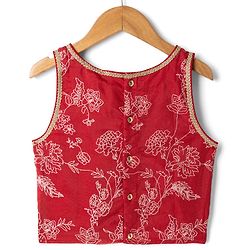 Pine Kids Woven Lehenga Choli and Dupatta with Sleeveless, Full Length and Floral Print in Red