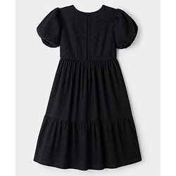 Pine Kids 100% Cotton Woven Frock with Half Puffed Sleeves and Eyelet Pattern Embroidery in Black