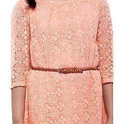 Pine Kids Knee Length Shiffli Dress With Belt - Peach