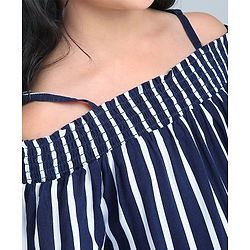 Pine Kids Cold Shoulder Sleeves Striped Rayon Fashion Dress - Navy