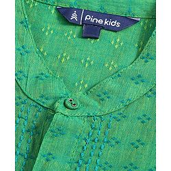 Pine Kids Full Sleeve Boys Kurta with Embroidered Placket with Matching Mask - Green