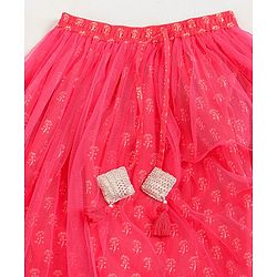 Pine Kids Half Sleeves Embroidered Choli with Foil Print Lehenga & Dupatta Set Embellished with Lace Borders - Pink