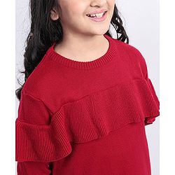 Pine Kids Full Sleeves Sweater Dress With Frill Detailing - Red