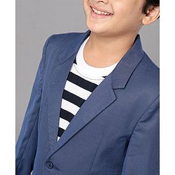 Pine Kids 100% Cotton Lycra Woven Full Sleeves Solid 3 Piece Party Suit With Striped Inner Tee - Blue