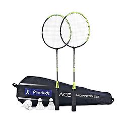 Pine Kids Badminton Set - Green & Black | Includes 2 Lightweight Rackets & 3 Shuttlecocks | Strong Frame, Easy Grip Handle | Perfect Outdoor/Indoor Sports Game for Kids.