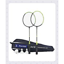 Pine Kids Badminton Set - Green & Black | Includes 2 Lightweight Rackets & 3 Shuttlecocks | Strong Frame, Easy Grip Handle | Perfect Outdoor/Indoor Sports Game for Kids.
