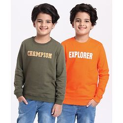 Pine Kids Full Sleeves Bio Washed Sweatshirt Text Graphic Pack of 2 - Orange & Green