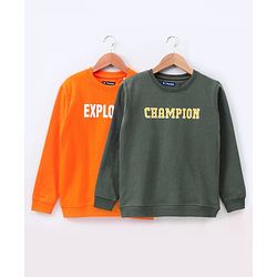 Pine Kids Full Sleeves Bio Washed Sweatshirt Text Graphic Pack of 2 - Orange & Green