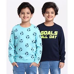 Pine Kids Full Sleeves Bio Washed Sweatshirt Football Print Pack of 2 - Aqua & Blue
